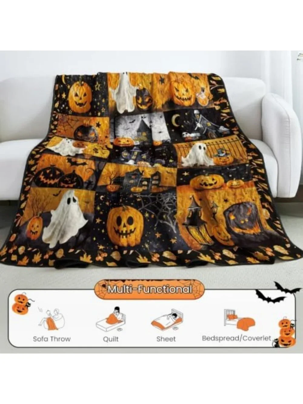 King Size Halloween Quilt Set - Patchwork Black & Orange Bedspread Coverlet